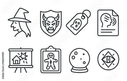 Line style icons of supernatural horror: witch icon, demon badge, paranormal tag, psychic powers file, supernatural event board, possessed object chart, mystical bubble, otherworldly symbol.