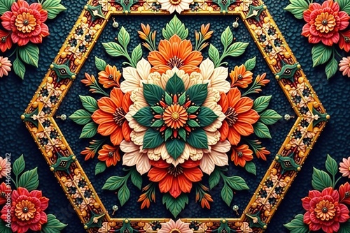Intricate floral motif within a bold geometric hexagon , floral pattern, geometric