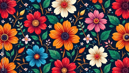 Intricate floral tapestry, rich colors, seamless repeat, silk, art, flowers