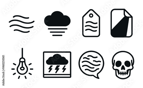 Line style icons of horror atmosphere: fog icon, dark cloud badge, mist tag, shadowy light file, flickering light board, ominous sky chart, creepy atmosphere bubble, doom symbol.