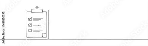 Clipboard with checklist continuous one line drawing. Quality check list, todo plan with tasks
