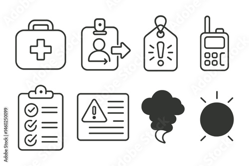 Line style icons of emergency preparedness: emergency kit icon, evacuation badge, alert signal tag, communication device file, preparedness board, warning chart, disaster bubble, readiness symbol.
