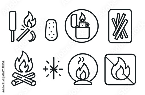 Line style icons of fire-making for survival: fire starter icon, lighter badge, flint stone tag, kindling file, campfire board, spark chart, warmth bubble, fire safety symbol.