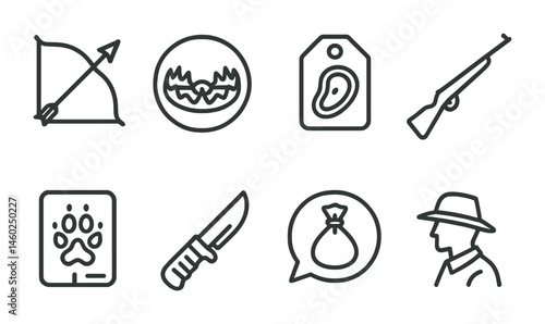Line style icons of hunting for survival: bow and arrow icon, hunting trap badge, game meat tag, hunting rifle file, animal track board, hunting knife chart, game bag bubble, hunter symbol.