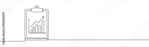 Clipboard with growth graph continuous one line drawing. Profit graph, business analysis.