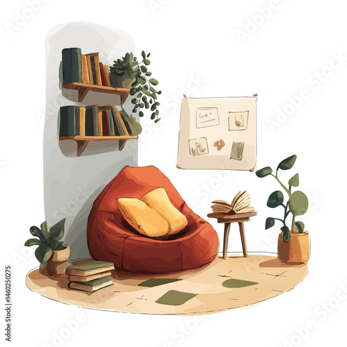 2D flat vector illustration of Cozy Reading Corner For Kids, isolated on a white background.