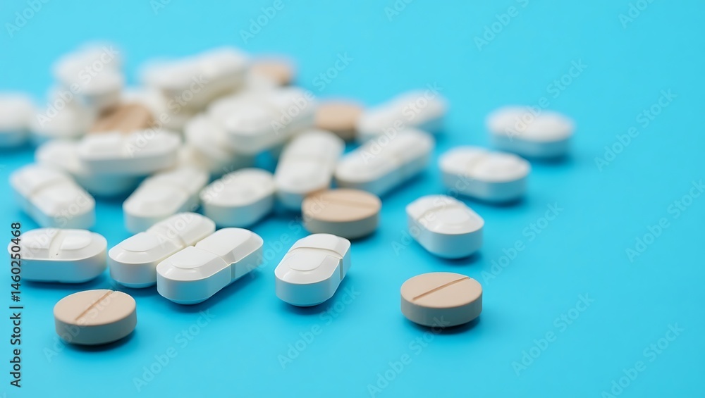 Pills of Medication Heap on Blue Surface Representing Healthcare and Treatment Pills of Medication Heap on Blue Surface Representing Healthcare and Treatment