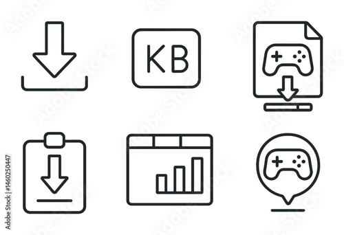 Line style icons of game downloads: download icon, file size badge, download progress tag, game file file, download manager board, content library chart, installation bubble, content retrieval symbol