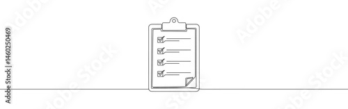 Clipboard with checklist continuous one line drawing. Quality check list, todo plan with tasks