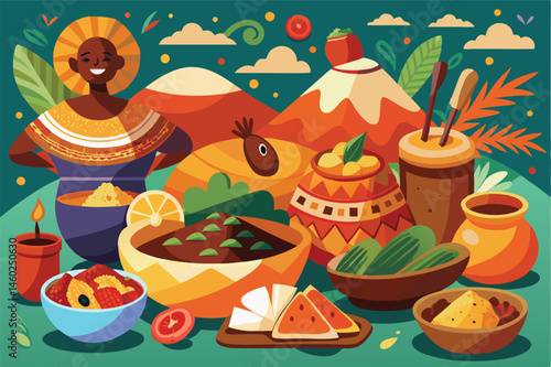Colorful vector illustration of a vibrant spread of traditional dishes on a rustic table with a scenic background