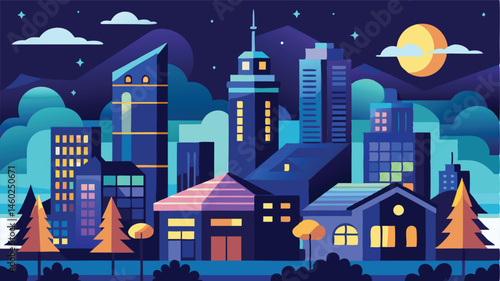 Modern city skyline at night with illuminated buildings, colorful clouds, and a crescent moon in the sky