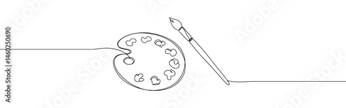 Palette and paint brush continuous one line drawing. Paintbrush symbol.