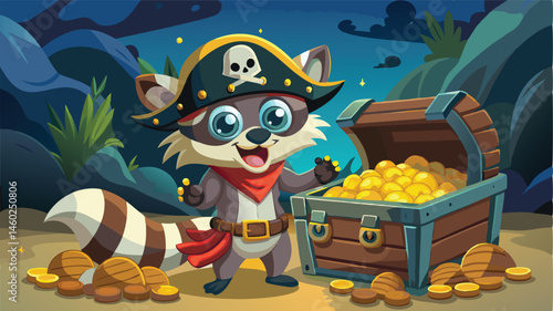 Vector illustration of a charming raccoon pirate standing by a treasure chest filled with gold coins on a whimsical background of clouds and ships