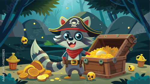 Vector illustration of a charming raccoon pirate standing by a treasure chest filled with gold coins on a whimsical background of clouds and ships