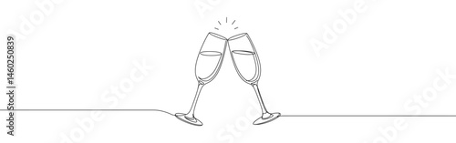 Two clinking champagne glasses continuous one line drawing. Design for party, anniversary celebration, new year festival.