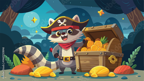 Vector illustration of a charming raccoon pirate standing by a treasure chest filled with gold coins on a whimsical background of clouds and ships
