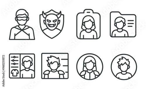 Line style icons of gaming characters: hero icon, villain badge, character avatar tag, player profile file, character customization board, in-game persona chart, character selection bubble, playable