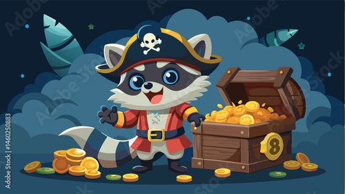 Vector illustration of a charming raccoon pirate standing by a treasure chest filled with gold coins on a whimsical background of clouds and ships