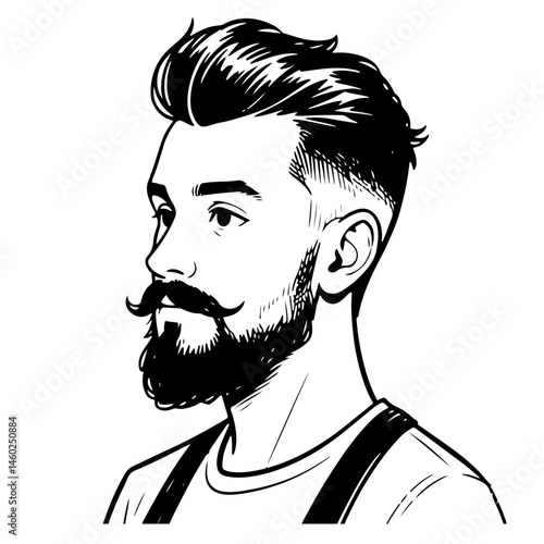Stylish man with beard and trendy haircut, black and white vector illustration.