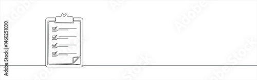 Clipboard with checklist continuous one line drawing. Quality check list, todo plan with tasks