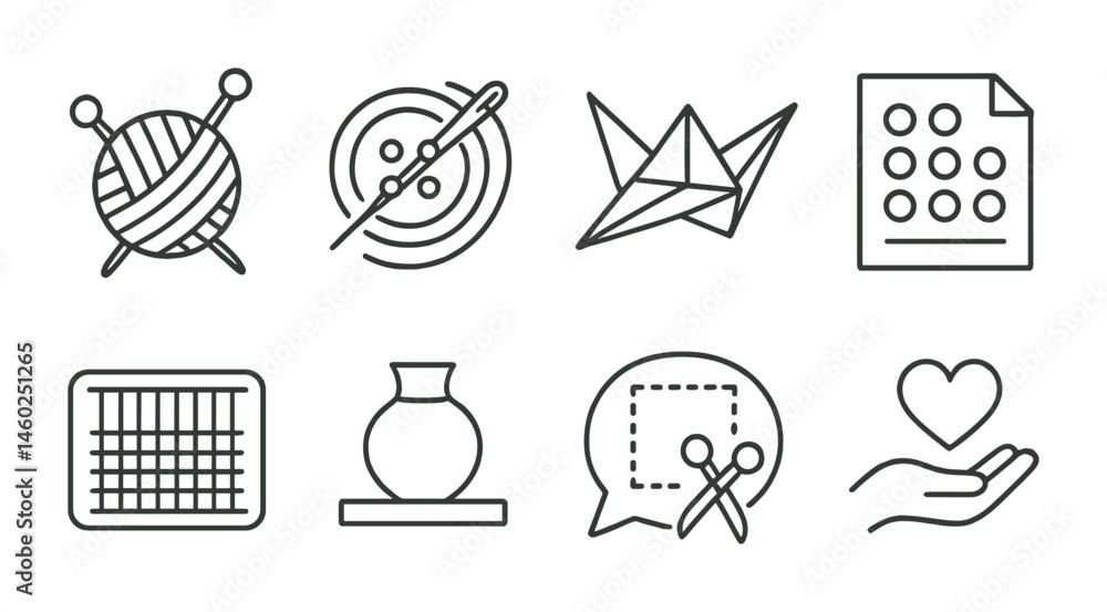 Fototapeta premium Line style icons of crafts and handmade art: knitting icon, sewing badge, origami tag, beadwork file, weaving board, clay art chart, fabric crafting bubble, handmade creation symbol.
