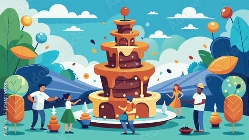 Colorful chocolate fountain with excited crowd celebrating a festival in a vibrant mountainous landscape during daytime