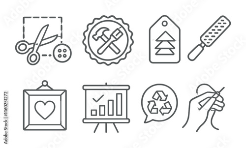 Line style icons of crafts and DIY: crafting icon, DIY project badge, paper craft tag, woodwork file, home decor board, personal project chart, upcycling bubble, handwork symbol.