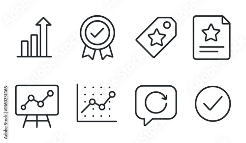 Line style icons of quest progress: level up icon, task complete badge, achievement tag, milestone file, quest line board, tracking chart, progress update bubble, status symbol.