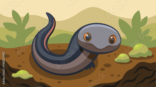 Vector illustration of a fascinating prehistoric fish-like creature swimming through a sandy environment with lush green vegetation and an orange sky