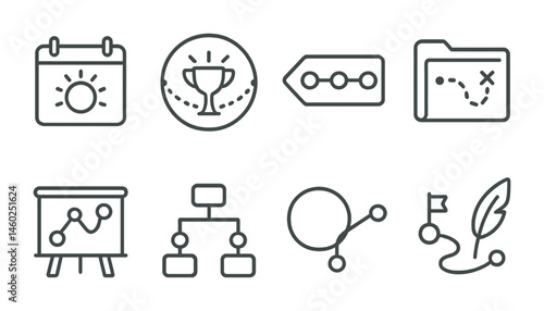 Line style icons of quest timelines: event icon, timeline badge, sequence tag, history file, story path board, event planning chart, plot progress bubble, narrative symbol.