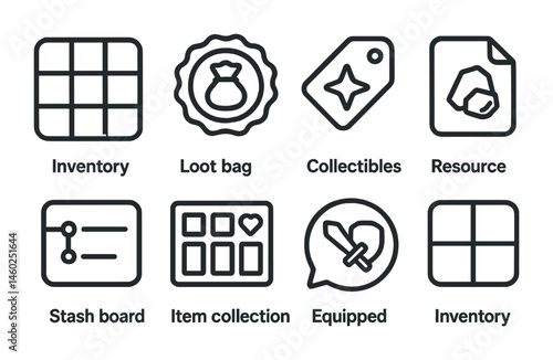 Line style icons of quest items inventory: inventory icon, loot bag badge, collectables tag, resource file, stash board, item collection chart, equipped items bubble, inventory symbol.