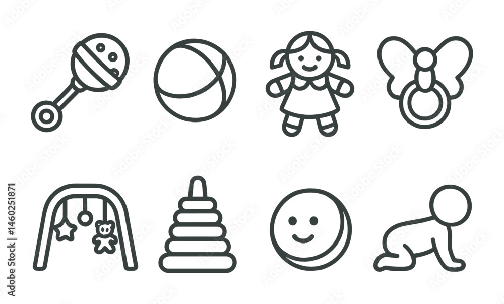 Line style icons of toys and games for babies: rattle icon, soft ball badge, baby doll tag, teething toy file, play gym board, stacking ring chart, baby toy bubble, infant play symbol. Line style icons of toys and games for babies: rattle icon, soft ball badge, baby doll tag, teething toy file, play gym board, stacking ring chart, baby toy bubble, infant play symbol.