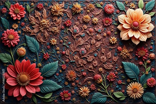 Intricate woven threads, floral motifs, rich texture, antique, pattern, floral