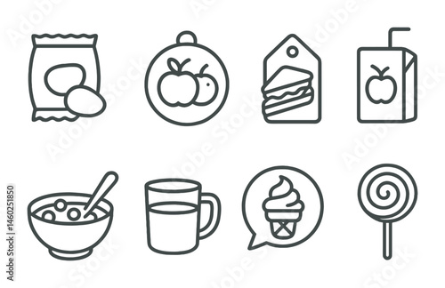 Line style icons of children’s food: snack icon, fruits badge, sandwich tag, juice box file, bowl of cereal board, milk cup chart, dessert bubble, tasty treat symbol.