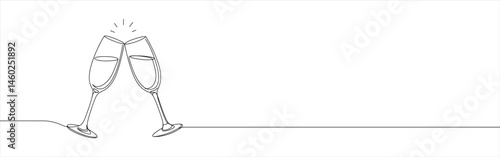 Two clinking champagne glasses continuous one line drawing. Design for party, anniversary celebration, new year festival.