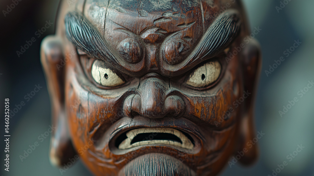 Obraz premium Macro shot of a miniature netsuke mask with fierce samurai expressions.