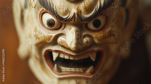 Macro shot of a miniature netsuke mask with fierce samurai expressions.