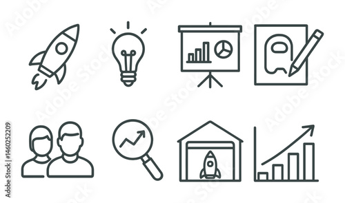 Line style icons of startups: rocket launch, idea bulb, pitch deck, product sketch, co-founder duo, market research, startup garage, growth chart.