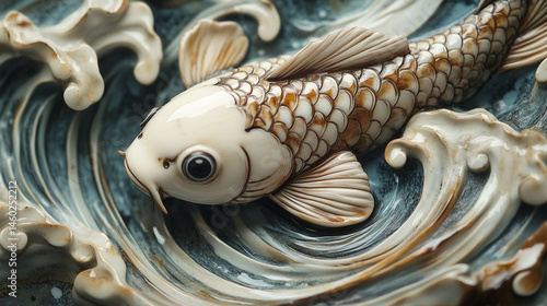 Obraz na płótnie Close-up of a netsuke of a koi fish with detailed scales and water swirls. w salonie