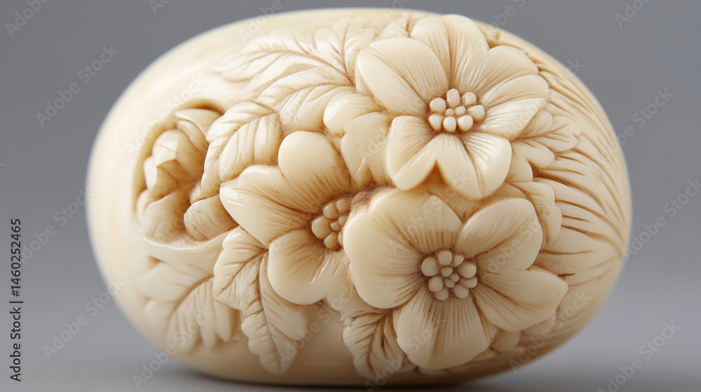 Detailed shot of an antique ivory netsuke with delicate floral patterns.
