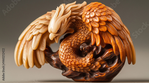 Close-up of a finely carved netsuke showing a phoenix with widespread wings.