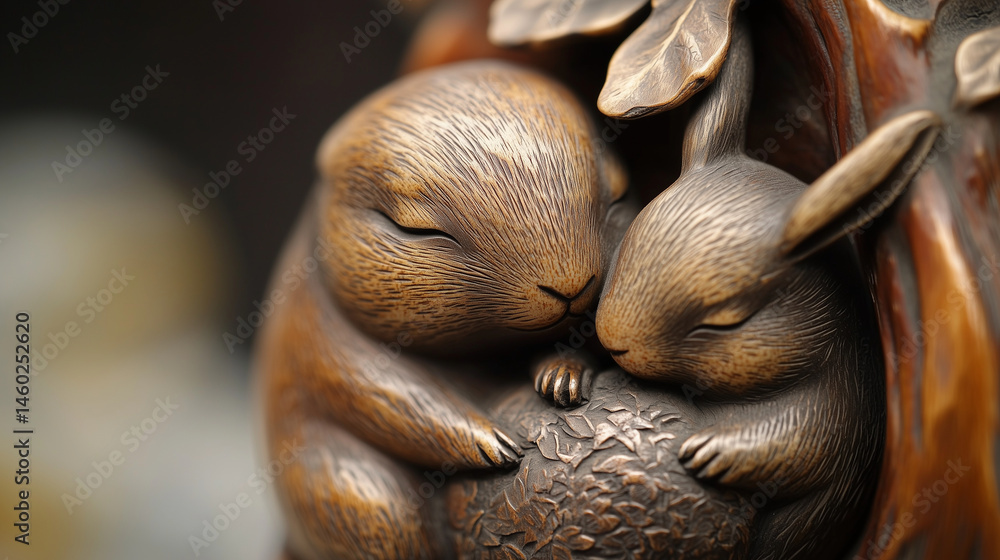 Fototapeta premium Close-up of a netsuke showing a pair of rabbits nestled together.