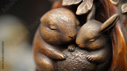 Close-up of a netsuke showing a pair of rabbits nestled together.