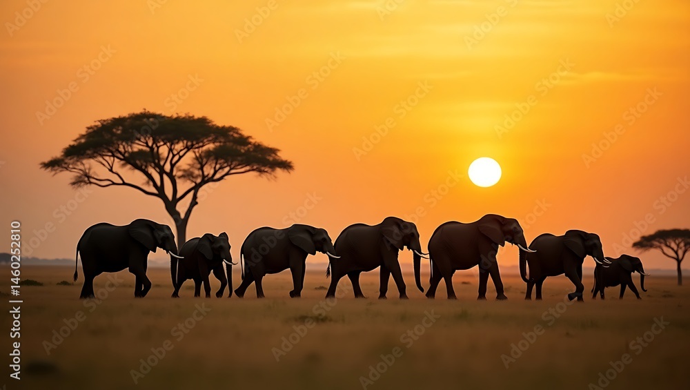 Fototapeta premium African elephants silhouetted against a vibrant sunset on the savanna