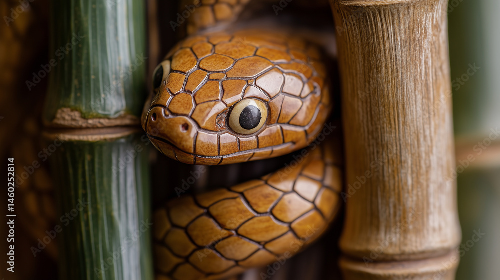 Macro shot of a netsuke of a snake coiling around bamboo shoots.