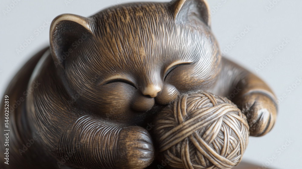 Close-up of a netsuke of a cat playing with a ball of yarn.