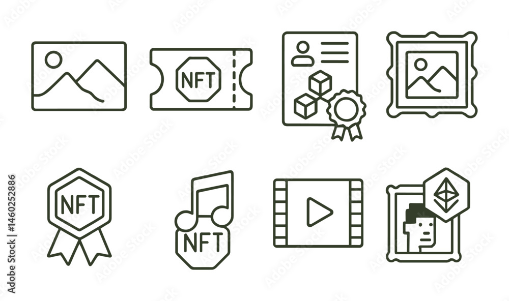 Line style icons of NFT: digital painting, NFT ticket, blockchain certificate, NFT gallery, collectible badge, NFT music note, NFT video clip, crypto art icon. Line style icons of NFT: digital painting, NFT ticket, blockchain certificate, NFT gallery, collectible badge, NFT music note, NFT video clip, crypto art icon.