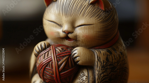 Obraz na płótnie Close-up of a netsuke of a cat playing with a ball of yarn. w salonie