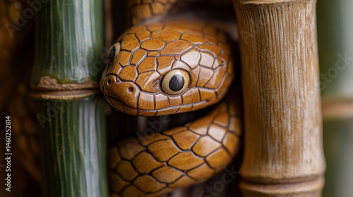 Obraz na płótnie Macro shot of a netsuke of a snake coiling around bamboo shoots. w salonie