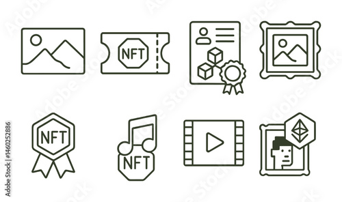 Line style icons of NFT: digital painting, NFT ticket, blockchain certificate, NFT gallery, collectible badge, NFT music note, NFT video clip, crypto art icon.